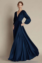 Navy Formal Dress V-Neck A Line Satin Long Wedding Guest Dress With Long Sleeves
