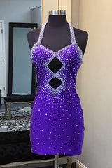 Navy Homecoming Dresses Beaded Halter Tight Short Cocktail Dresses