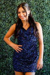 Navy Homecoming Dresses Sequined Backless Tight Short Cocktail Dresses