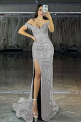 Navy Mermaid Prom Dress Cap Sleeve Off the Shoulder Formal Dress With Beadings and Rhinestones