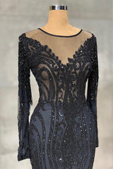 Navy Mermaid Prom Dress Long Sleeve Crew Neck Formal Dress With Lace Appliques