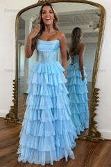 Navy Prom Dress A Line Strapless Corset Long Chiffon Formal Dress