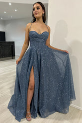 Navy Prom Dress Corset Long Evening Dress with Slit