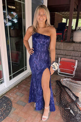 Navy Prom Dress Mermaid Long Sequined Evening Dress With Slit
