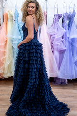 Navy Prom Dress Ruffled Corset Long Evening Dress with Slit