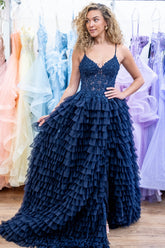 Navy Prom Dress Ruffled Corset Long Evening Dress with Slit