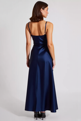 Navy Prom Dress Satin A Line Spaghetti Straps Long Formal Dress