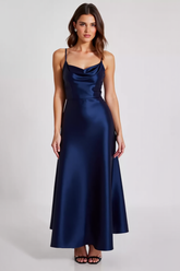 Navy Prom Dress Satin A Line Spaghetti Straps Long Formal Dress