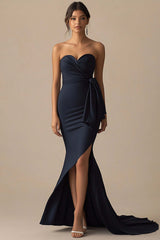Navy Prom Dress Satin Long Sweetheart Mermaid Ruched Formal Dress With Slit