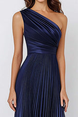 Navy Prom Dress Satin One Shoulder Long Pleated Mermaid Formal Dress