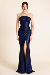 Navy Prom Dress Sequin Strapless Long Mermaid Formal Dress With Slit