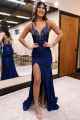 Navy Prom Dress Sequined Mermaid Long Evening Dress with Slit