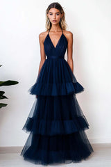 Navy Prom Dress Tulle Halter Long A Line Tiered Formal Dress With Ruffles