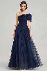 Navy Prom Dress Tulle One Shoulder Long A Line Formal Dress With Ruffles