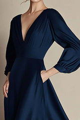 Navy Prom Dress V-Neck A Line Satin Long Formal Dress With Long Sleeves