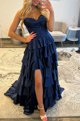 Navy Satin Corset Prom Dress Sweetheart A Line Long Formal Dress With Ruffles