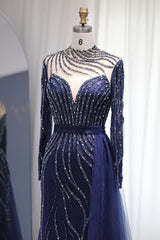 Navy Sheath/Column Prom Dress Long Sleeve High Neck Formal Dress With Beadings and Rhinestones