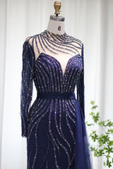 Navy Sheath/Column Prom Dress Long Sleeve High Neck Formal Dress With Beadings and Rhinestones
