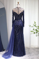Navy Sheath/Column Prom Dress Long Sleeve High Neck Formal Dress With Beadings and Rhinestones