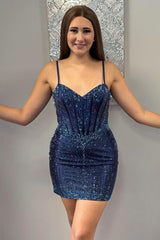 Navy Tight Homecoming Dresses Beaded Short Corset Cocktail Dresses