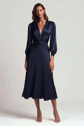 Dressystars Navy V-Neck Satin Backless Ruched Midi Prom Dress With Sleeves