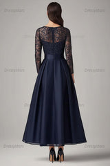 Dressystars Navy Wedding Guest Dress Beaded A Line Long Sleeves Formal Dress With Lace