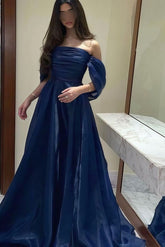 Navy Organza Prom Dress Off the Shoulder A Line Formal Dress