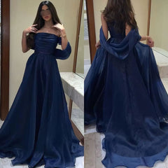 Navy Organza Prom Dress Off the Shoulder A Line Formal Dress