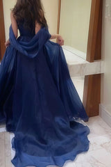 Navy Organza Prom Dress Off the Shoulder A Line Formal Dress