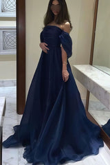 Navy Organza Prom Dress Off the Shoulder A Line Formal Dress