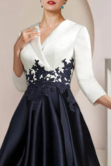 Navy and Ivory High Low Mother of the Bride Dress V Neck 3/4 Sleeve Wedding Guest Dress