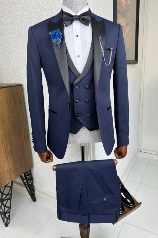 New Arrival Navy Blue Peaked Lapel 3 Piece Prom Suit for Men