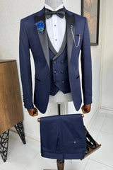 New Arrival Navy Blue Peaked Lapel 3 Piece Prom Suit for Men