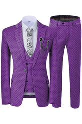 New Arrival Purple Notched Lapel 3 Piece Dot Prom Suit for Men