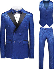 Newest Blue Jacquard Double Breasted 3 Piece Prom Suit