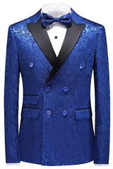Newest Blue Jacquard Double Breasted 3 Piece Prom Suit