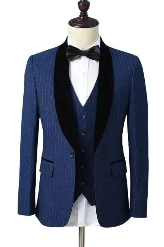 Newest Dark Blue Shawl Lapel 3 Piece Striped Wedding Suit