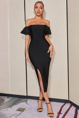 Off Shoulder Black Homecoming Dresses Party Dresses with Slit