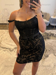 Dressystars Off-Shoulder Lace Bodycon Homecoming Dress with Bow