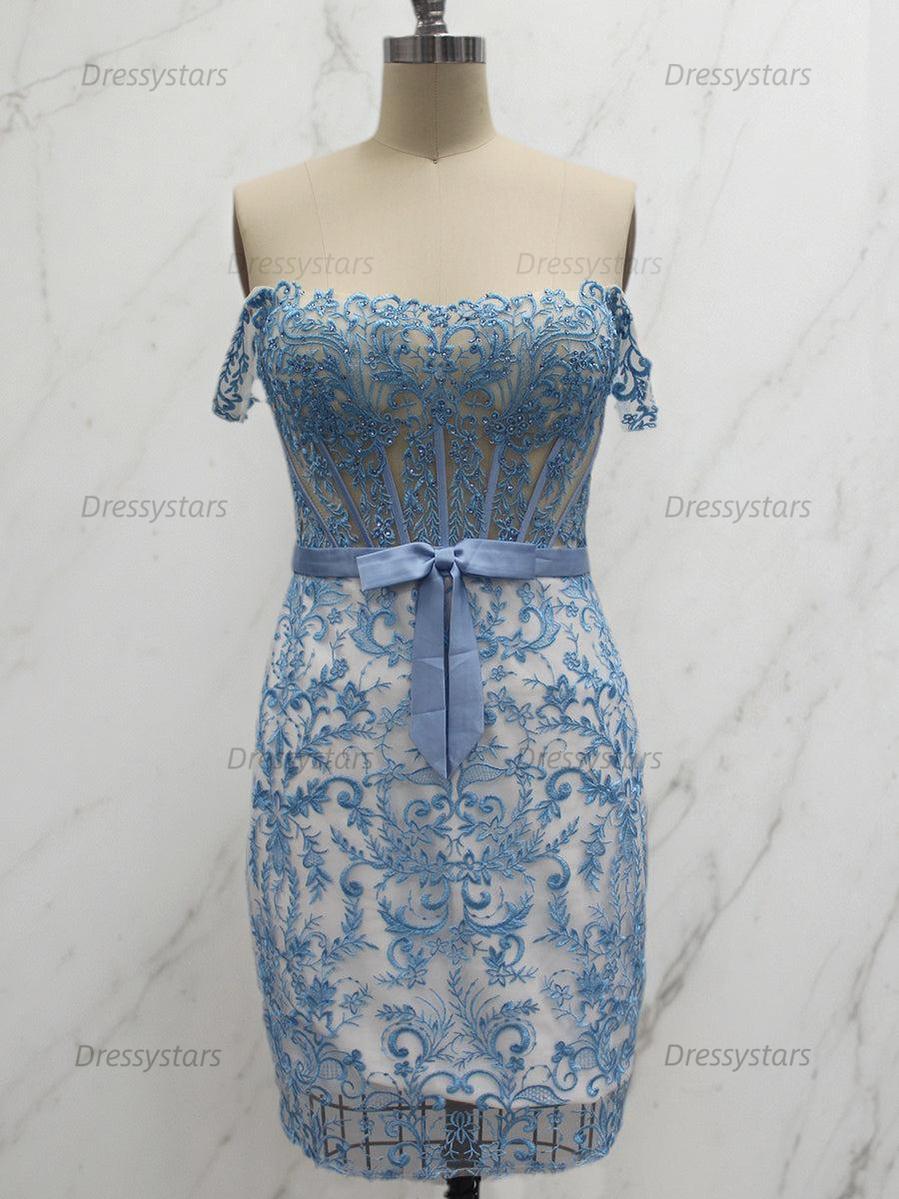 Dressystars Off-Shoulder Lace Bodycon Homecoming Dress with Bow
