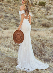 Off Shoulder Lace Trumpet/Mermaid Wedding Dress Open Back Sweep Train