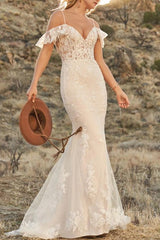 Off Shoulder Lace Trumpet/Mermaid Wedding Dress Open Back Sweep Train