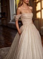 Off Shoulder Sequined Court Train Wedding Dress