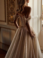 Off Shoulder Sequined Court Train Wedding Dress