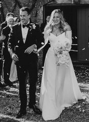 Off The Shoulder A Line Elastic Satin Wedding Dress with Long Sleeves