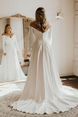 Off The Shoulder A Line Elastic Satin Wedding Dress with Long Sleeves