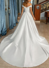 Off The Shoulder A Line Pleated Wedding Dress With Split Front