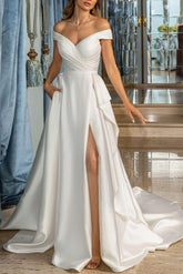 Off The Shoulder A Line Pleated Wedding Dress With Split Front