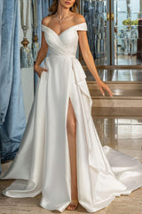 Off The Shoulder A Line Pleated Wedding Dress With Split Front