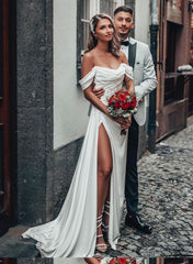 Off The Shoulder A Line Satin Wedding Dress With Split Front